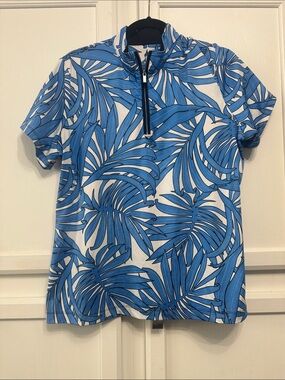 Woman’s Golf Blue Palm-Print Short-Sleeve Quarter-Zip Polo